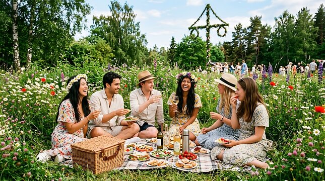 Friends having a picnic in a flower meadow with a maypole in the background