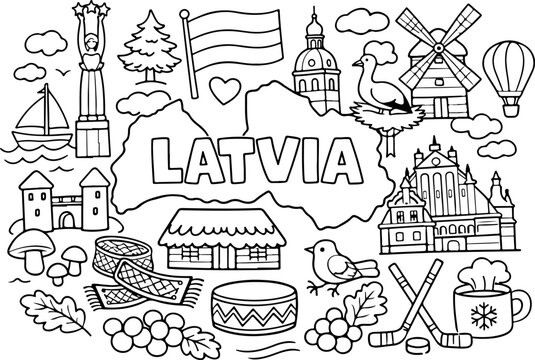 Letonia, monumentos, contorno de dibujos animados, ilustraci&oacute;n de arte lineal dibujada a mano, p&aacute;gina para colorear para ni&ntilde;os