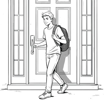 A young man walking out of a building with a backpack on his shoulder