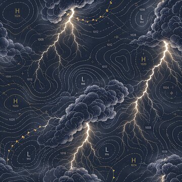 eamless vintage weather map pattern with isobar lines, pressure zones, and glowing lightning storm clouds