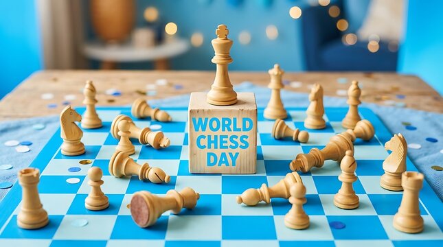 World Chess Day celebration with wooden chess pieces on a blue board, strategic game, competitive mood, and festive bokeh lights