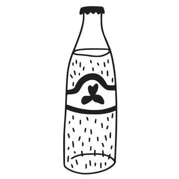 Hand drawn doodle of a glass soda bottle isolated on white background. Cute lemonade sketch with fizzy bubbles, perfect as decorative icon for cafe menu, summer drink label or coloring sticker design