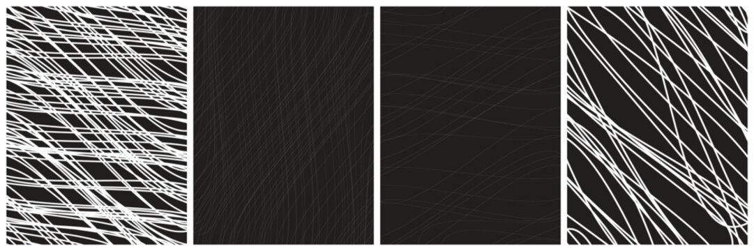 Set of abstract backgrounds with hand drawn chaotic lines and flowing vector curves dark.
