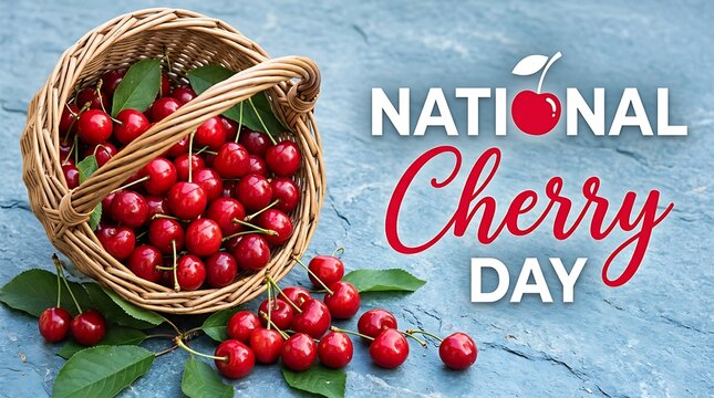 Fresh red cherries in a wicker basket with green leaves, celebrating National Cherry Day on a rustic blue wooden background
