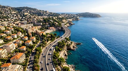 Fototapeta premium Aerial view of a picturesque coastal town with winding roads, Mediterranean Sea, and lush green hills under clear blue sky