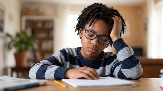 Tired schoolboy struggling with homework at home, illustrating learning difficulties, stress and education challenges