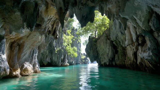 Vast limestone caverns opening into tropical sea, natural wonder aesthetic, sharp focus, realistic environmental lighting