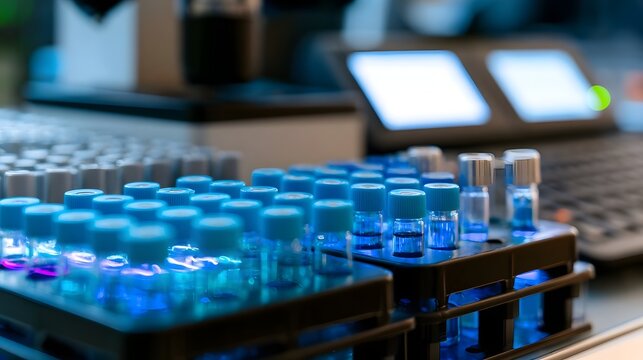 Rows of test tubes with blue caps hold glowing liquid samples on black trays beside digital equipment in a lab setting