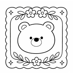 Fototapeta premium Cute Teddy Bear Face Illustration with Flowers and Stars in a Decorative Frame