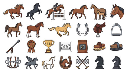 Obraz premium Horse Vector Icons Set with Silhouettes, Trophies, Rosettes, Shields, Medals, and Fencing Symbols in Flat Style