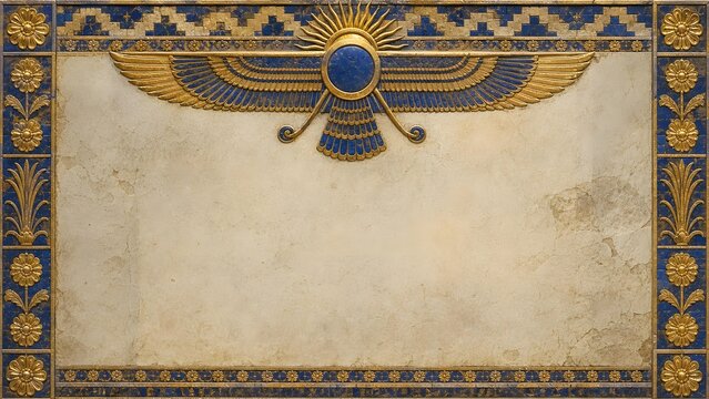 Persian Ancient Royal Winged Sun Disc Faravahar Embossed Lapis Lazuli Stone Background Banner