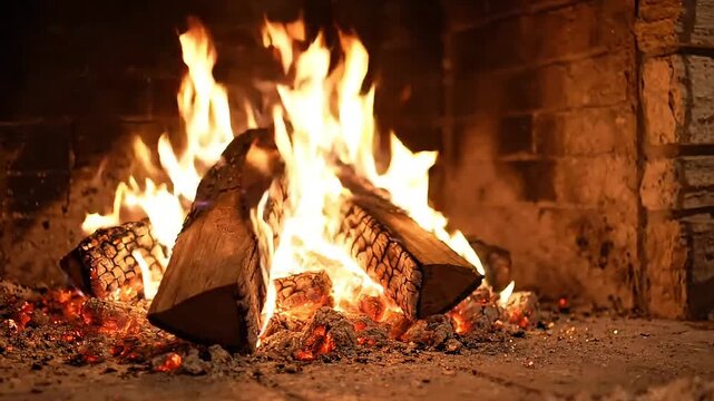 Warm, cozy fireplace flames, burning wood, crackling fire, indoor heating