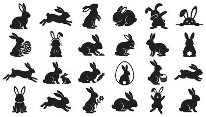 Obraz premium Rabbit Icons Set with Black Silhouette Designs for Vector Graphic, Easter Theme and Playful Animal Illustration