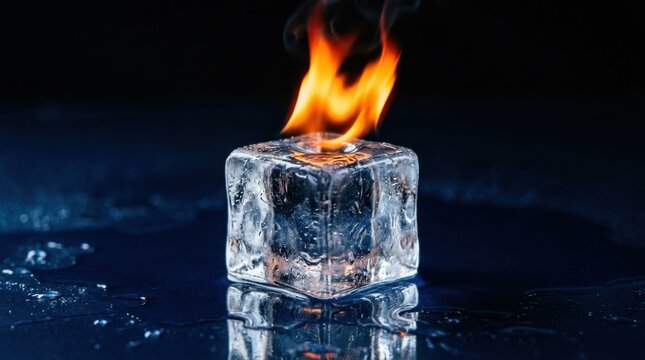 Burning ice cube on water surface with flames