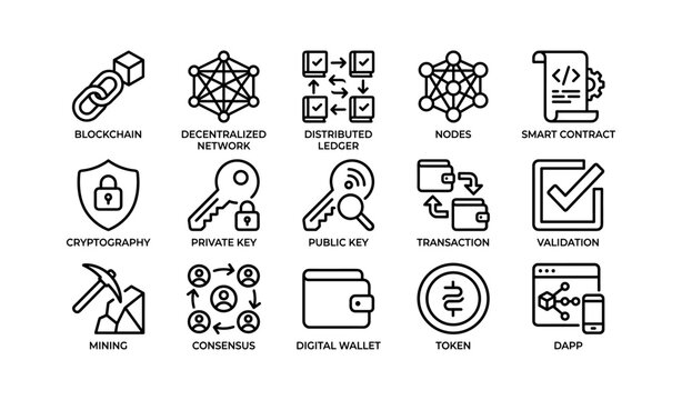 Blockchain and cryptocurrency icons arranged in a labeled grid