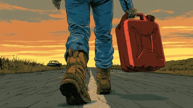 Traveler walks on lonely road at sunset with fuel can