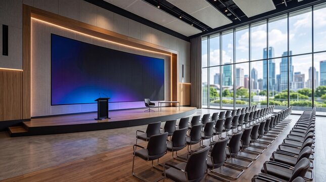 Modern auditorium with a large curved LED screen displaying a dynamic abstract digital data visualization, featuring an empty stage, podium, microphones, and rows of unoccupied grey seats in a profess