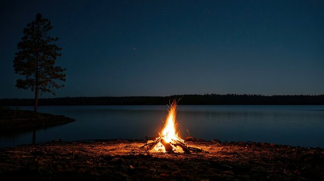 Campfire illuminates a tranquil lake and starry night sky