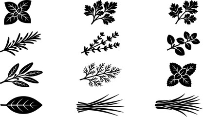 Set of black silhouette culinary herbs and aromatic plants icons. © Momo