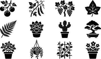 Set of black silhouette icons depicting various garden plants and vegetation. © Momo