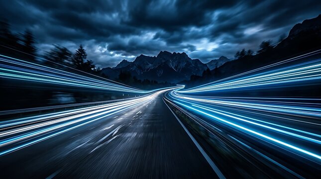 dramatic nighttime highway with speed light trails in mountains