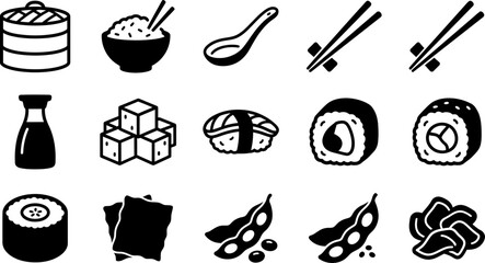 Set of black and white Japanese cuisine food icons. © takmurah