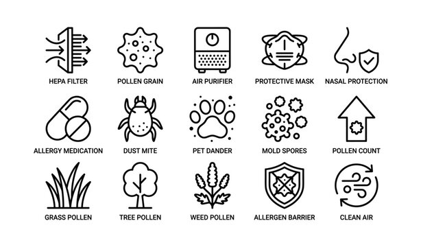 Allergy and air quality icons showing pollen on white