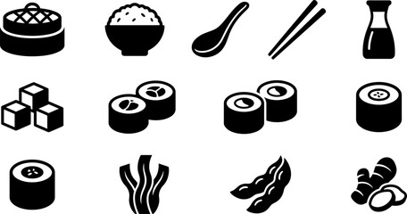 Set of black and white icons featuring Japanese cuisine and sushi ingredients. © takmurah