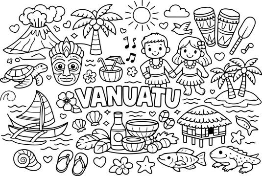 Vanuatu, monumentos, contorno de dibujos animados, ilustraci&oacute;n de arte lineal dibujada a mano, dibujo de garabatos, p&aacute;gina para colorear para ni&ntilde;os