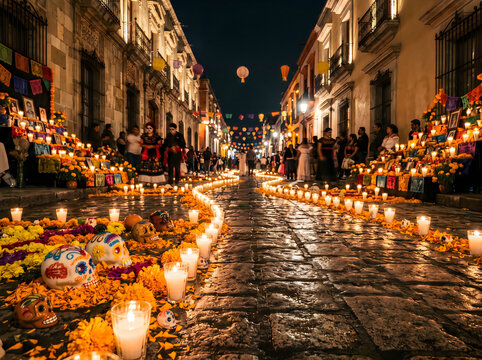 Nighttime street decorated with candles and flowers