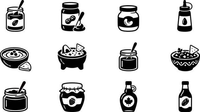Set of black and white hand drawn food condiment and jar icons.