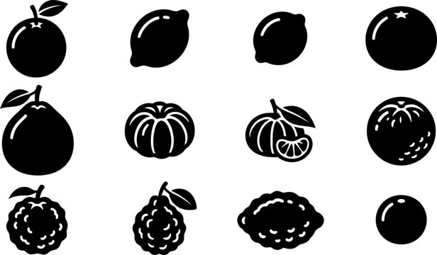 Set of various citrus fruit icons in black silhouette style.