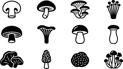 Set of various mushroom icons in a simple black and white vector style. © agus