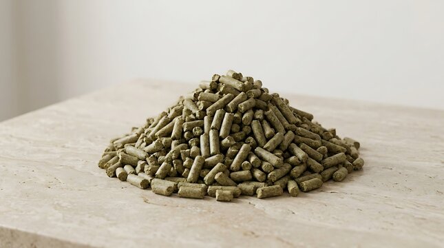 A close up view of a pile of organic alfalfa pellet feed resting on a light beige textured stone surface for agricultural and animal nutrition purposes