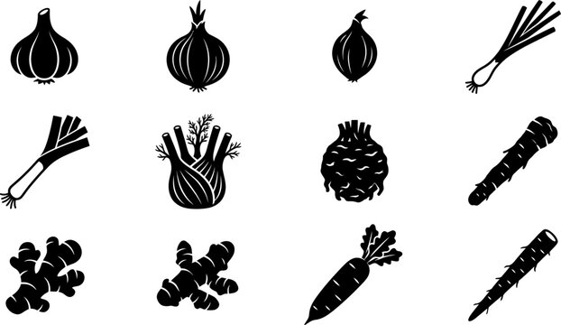 Set of black and white vector icons of various root vegetables and herbs.