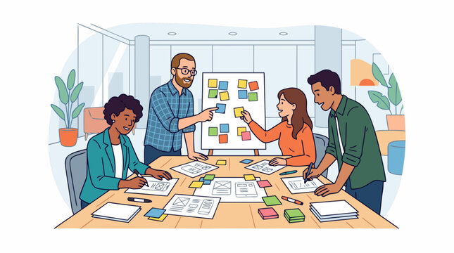 Creative web designers brainstorming and sketching smartphone user interface prototypes on paper. Vector illustration of digital product design and team layout planning.