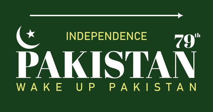 Pakistan Independence Day 79th anniversary vector banner, national celebration typography with crescent and star, dark green patriotic background