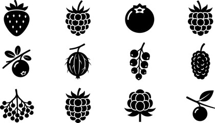 Set of black and white berry icons featuring various fresh fruits. © dani