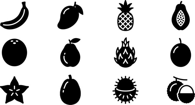 Set of Tropical Fruit Vector Icons in Black Silhouette Style.