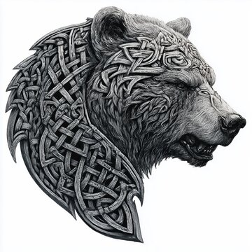 A bears head in profile in the style of a Viking knot work. Celtic animal symbol with intricate braided lines and ancient Norse aesthetic for tattoo or logo design.