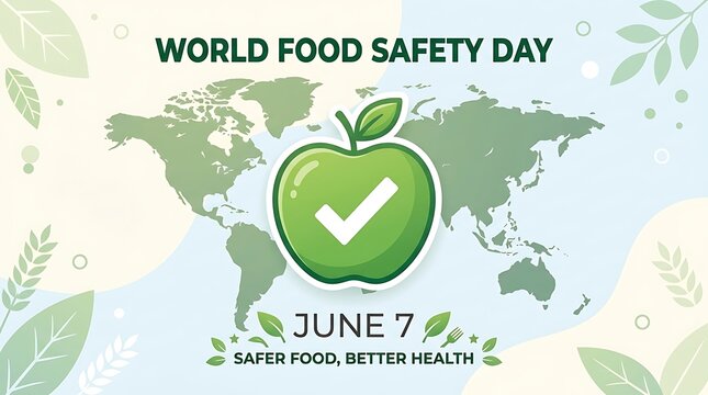 World food safety day poster with apple and check mark on world map, nutrition