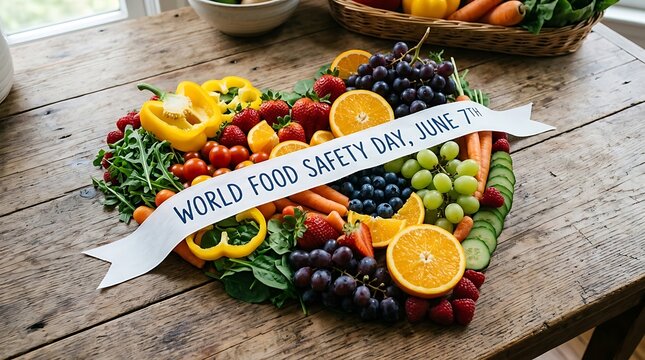 World food safety day fresh fruit and vegetables arranged in a heart shape