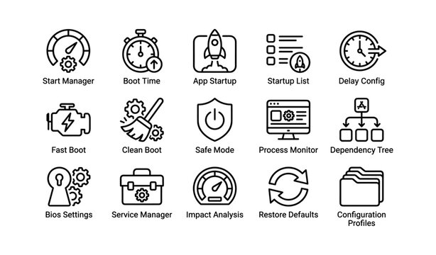 System startup icons arranged in grid on white background