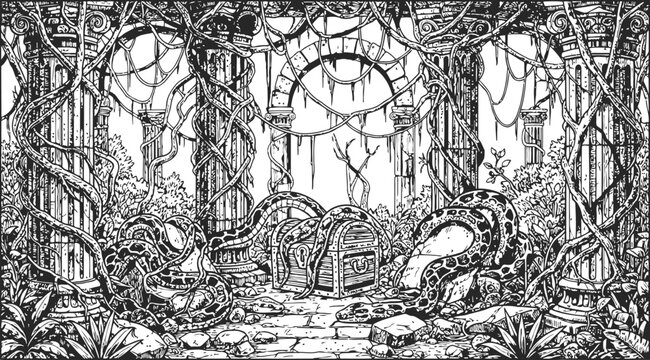 Ancient overgrown ruins with a treasure chest guarded by a serpent in a detailed engraving vintage style