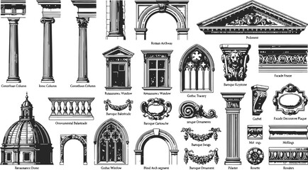 Architectural elements in engraving vintage style with detailed ornamental designs for historical building restoration © Ishtiaq