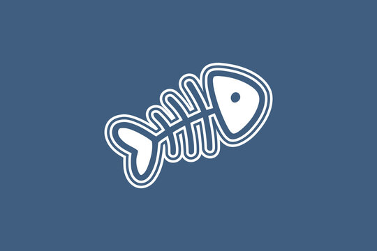 Stylized white fish skeleton icon featuring a bold outline design isolated on a clean dark blue background for graphic projects