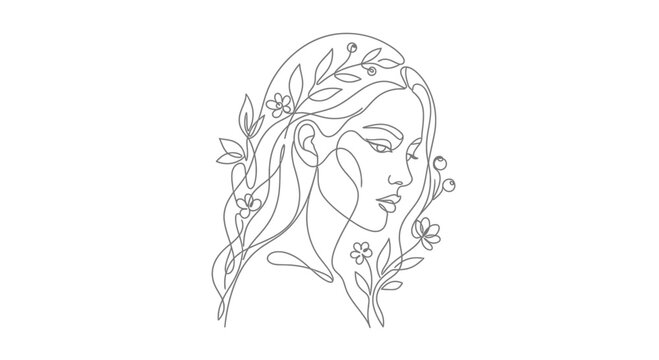 Minimalist continuous line drawing of woman face with floral elements