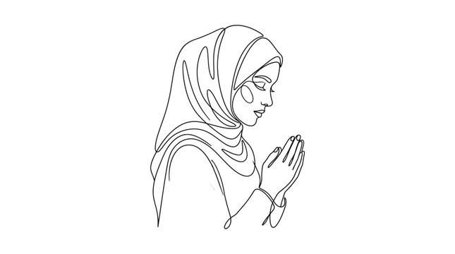 Continuous one line drawing of a woman in hijab praying modestly