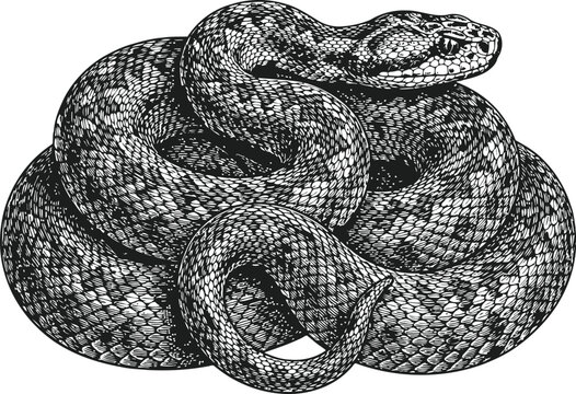 Coiled viper snake illustration in detailed engraving vintage style on a white background