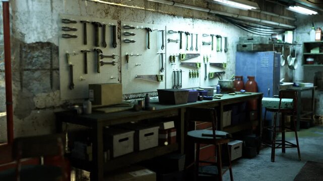 Underlit repair bench with hanging tools, rows of wrenches and saws on illuminated pegboard metal worktops cluttered with files, lubricant canisters, measuring